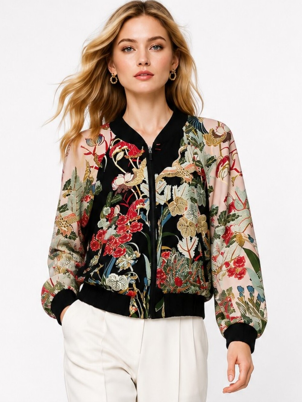 New York & Company Black Floral Botanical Bomber Jacket Full Zip Size L
